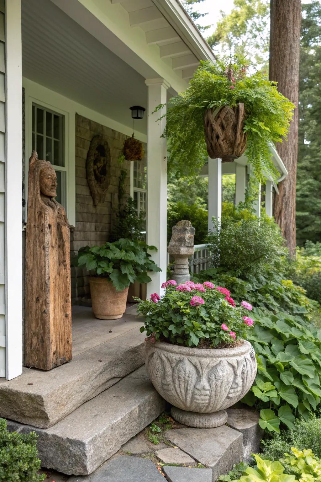 Nature-inspired decor introduces an organic touch to a small porch.