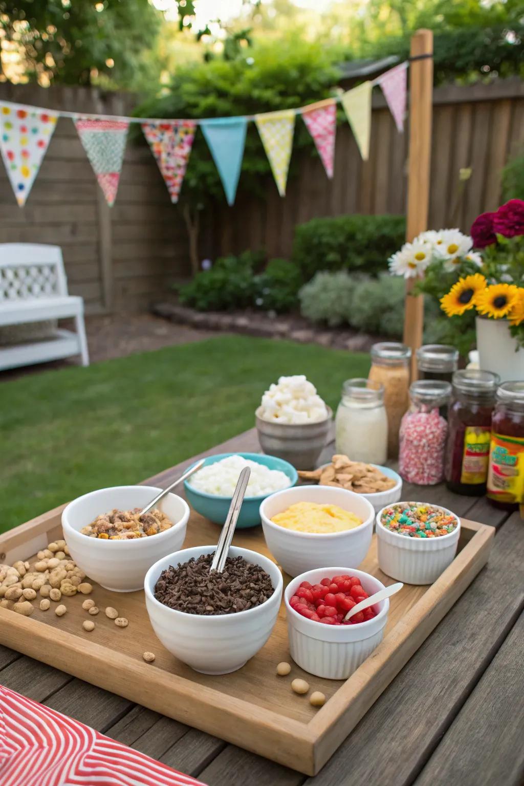 An enticing make-your-own ice cream corner featuring endless trimmings