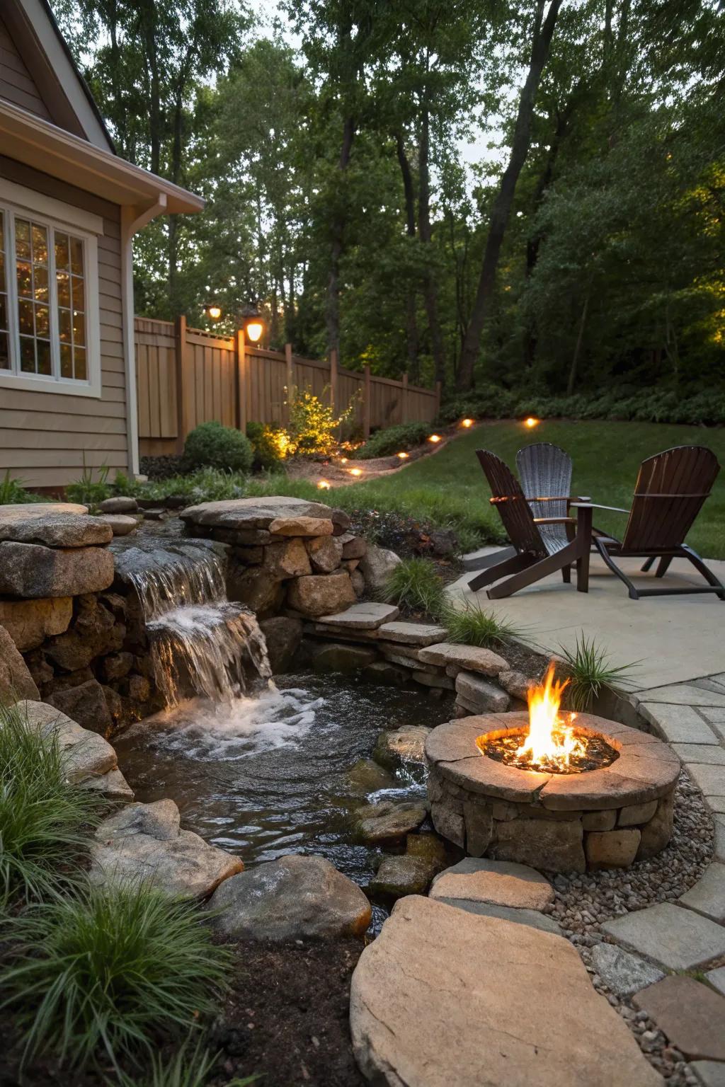 Integrate fire and liquid for a captivating backyard element.