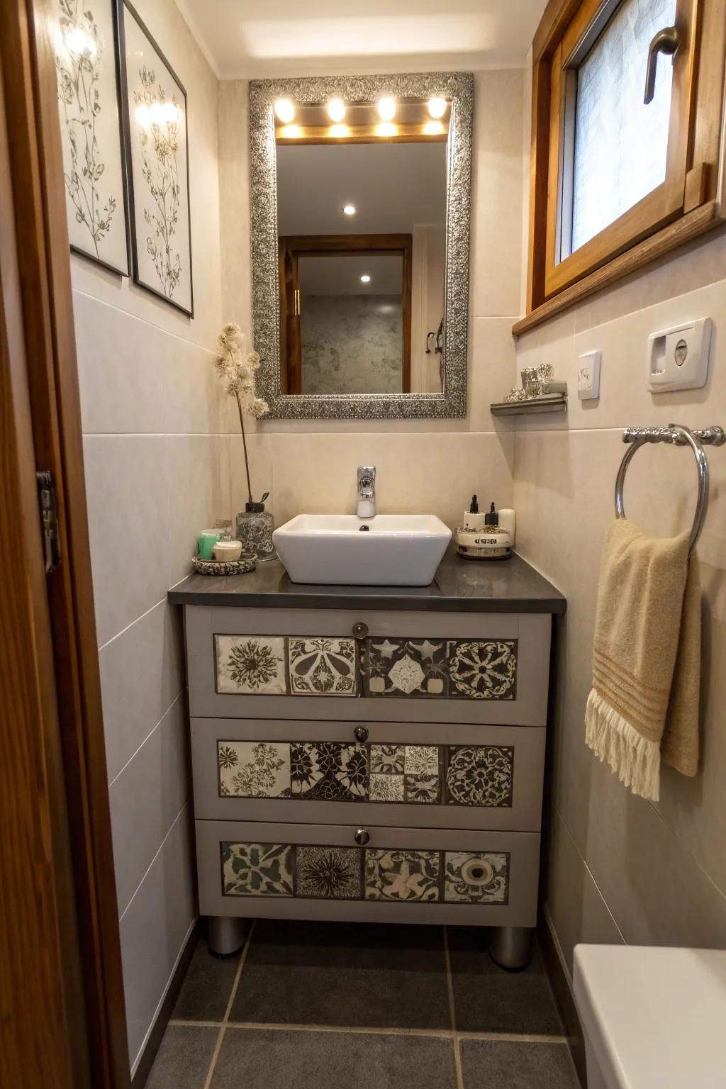 A customized vanity that reflects personal style and creativity in a compact bathroom.