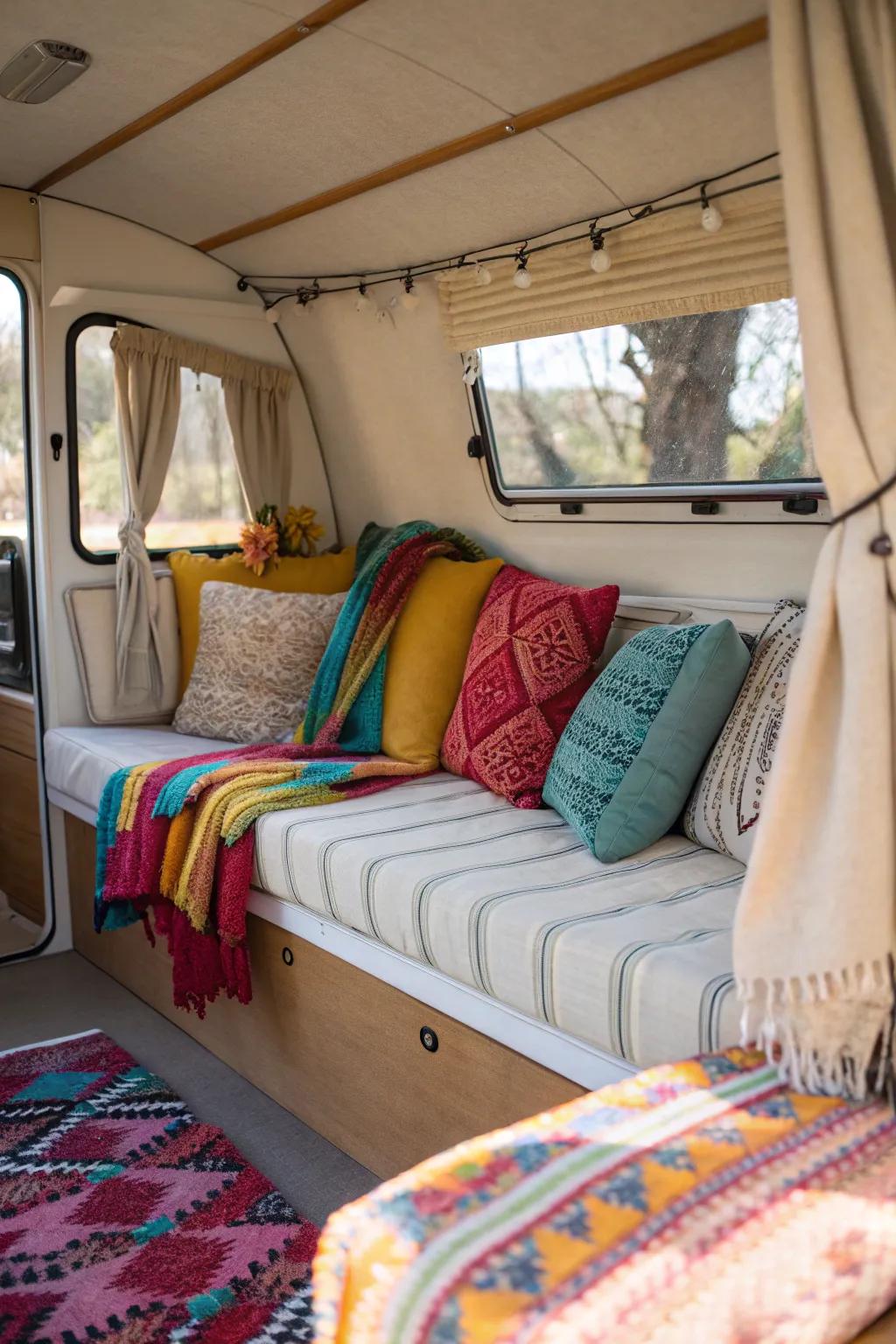 Colorful textiles in a camper bring warmth and vibrancy to the space.