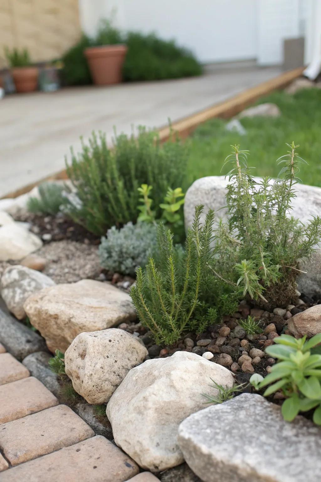 A tiny corner stone garden with a fragrant herbal refuge.