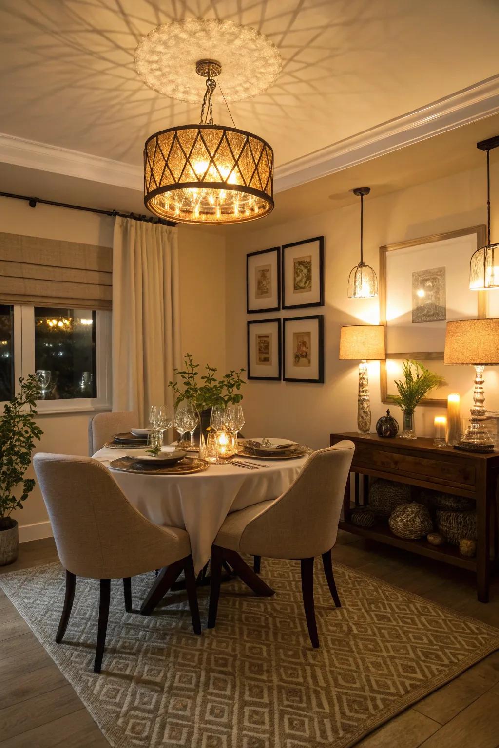 Multi-layered lighting provides flexibility and ambiance in dining areas.