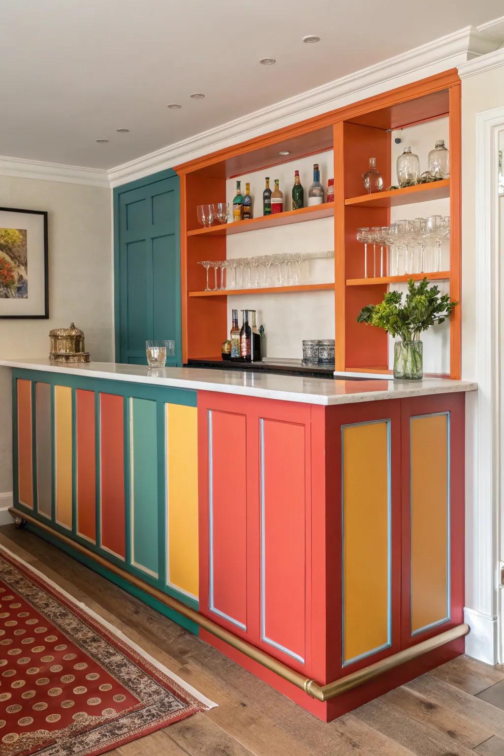 Striking hues transform a dry bar into a focal attraction.