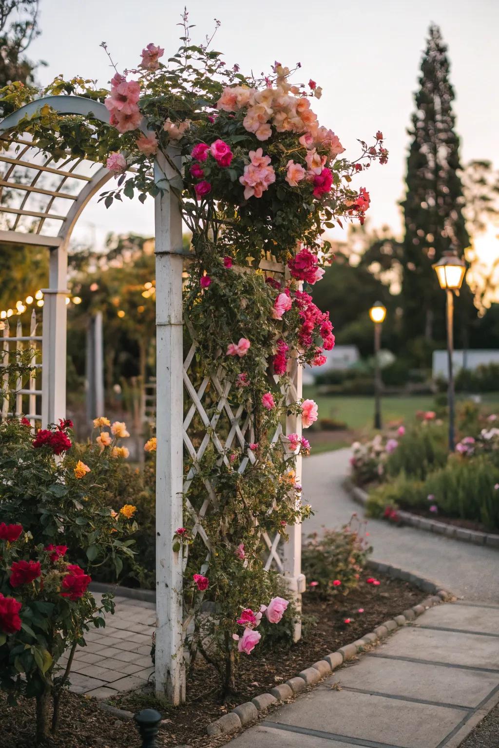 A compact flower garden enhanced by a trellis with growing flowers.