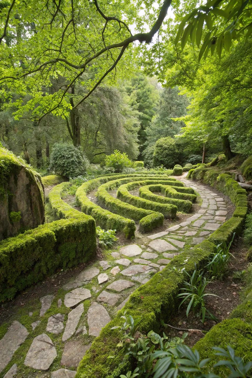 Lush walkways providing a gentle, enchanting garden maze experience.