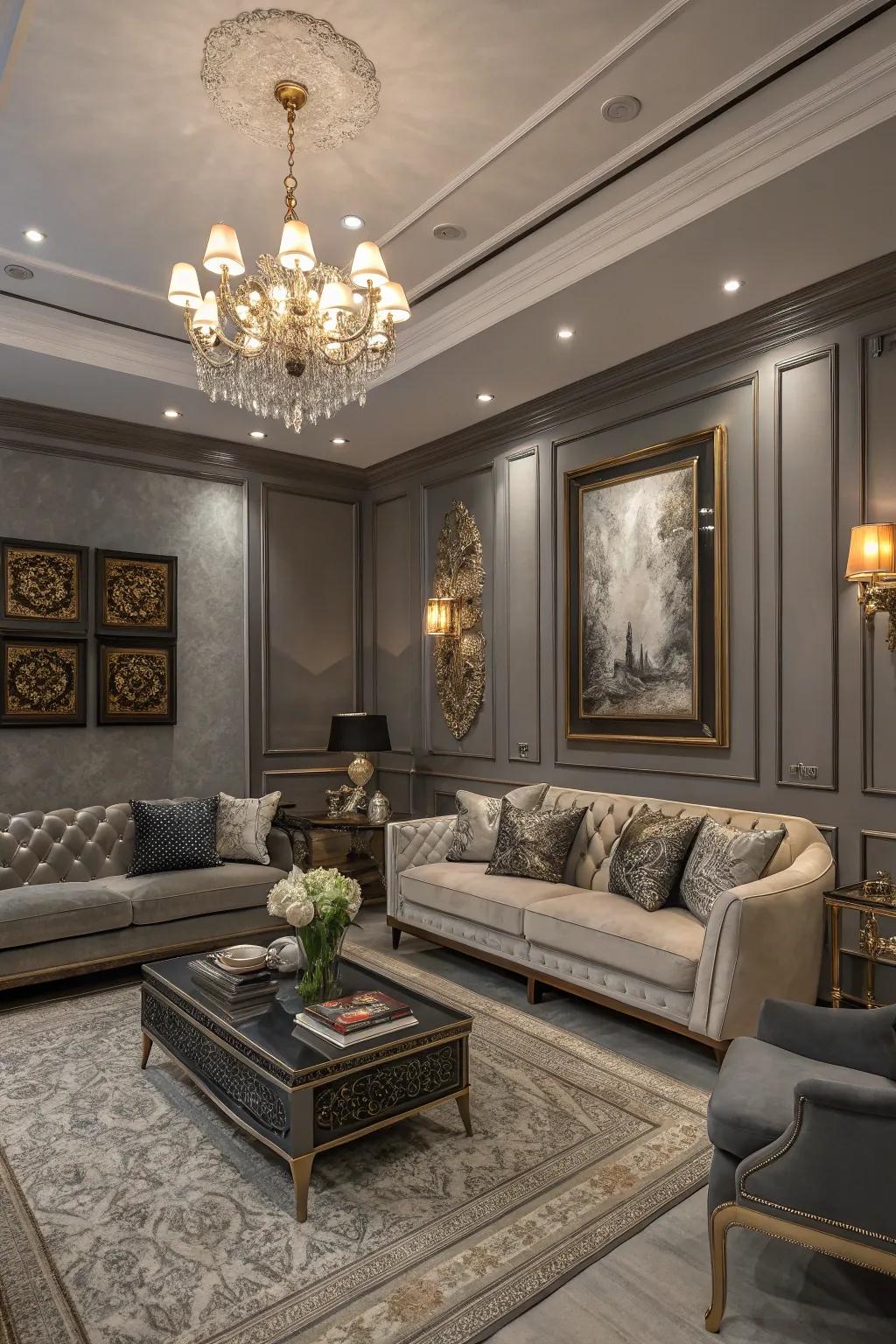 A small living room using gray walls that makes a tasteful touch.