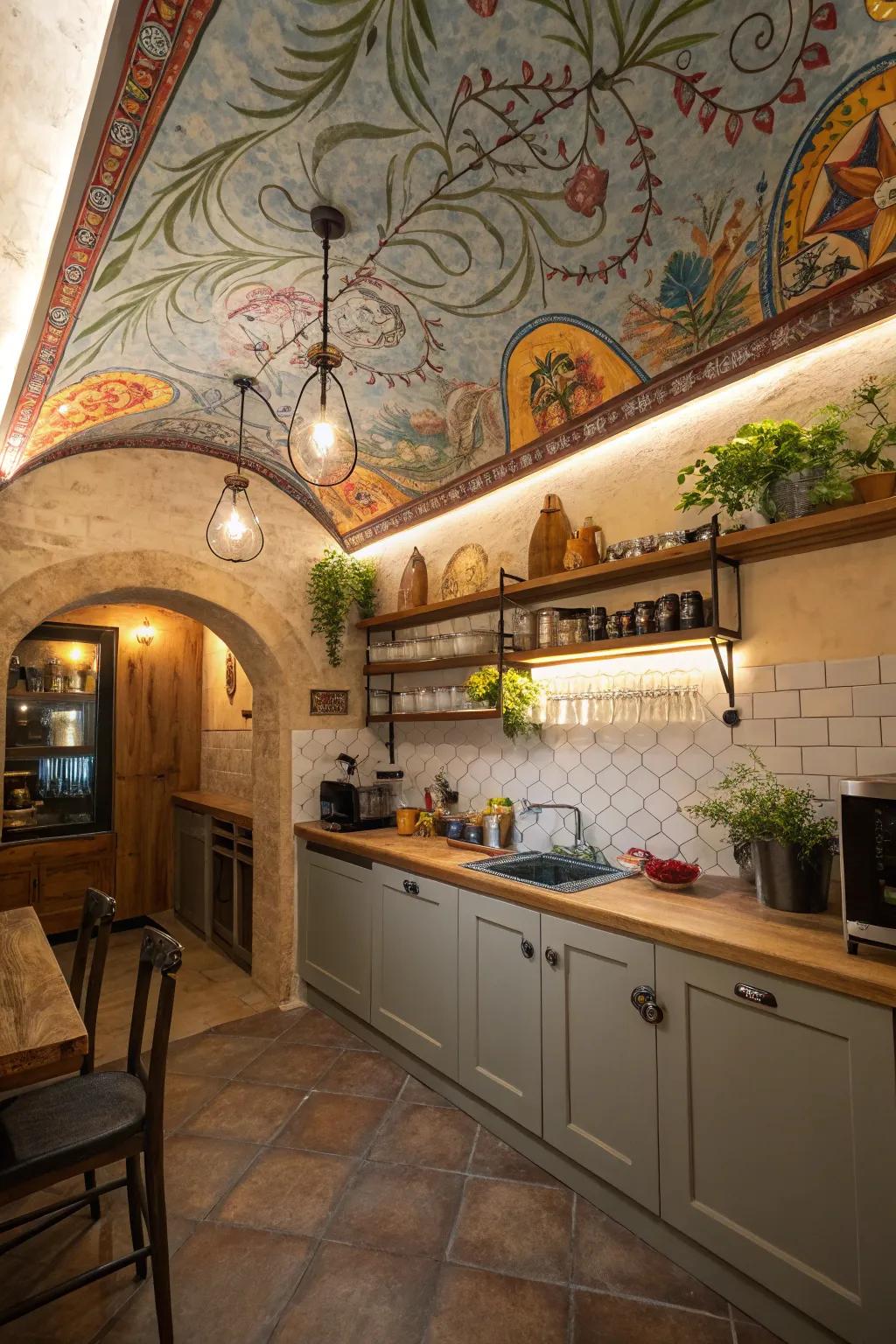 Ceiling artworks contribute personality and artistic flair to small kitchens.