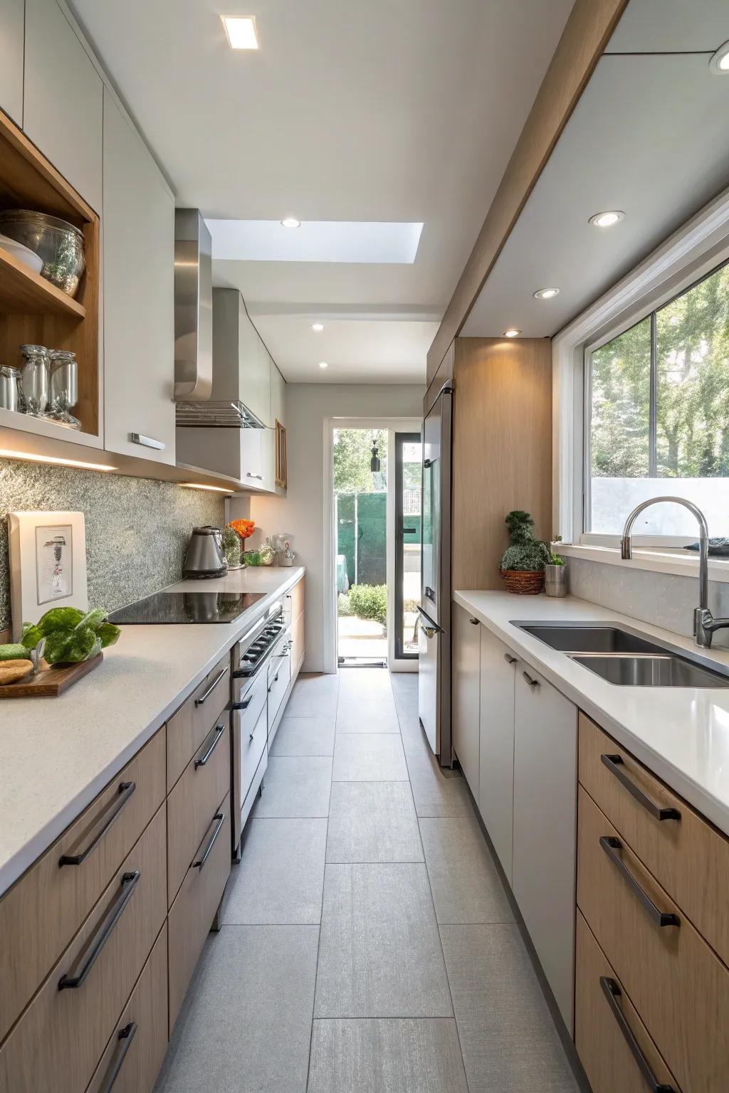 Corridor designs maximize space in compact kitchens.