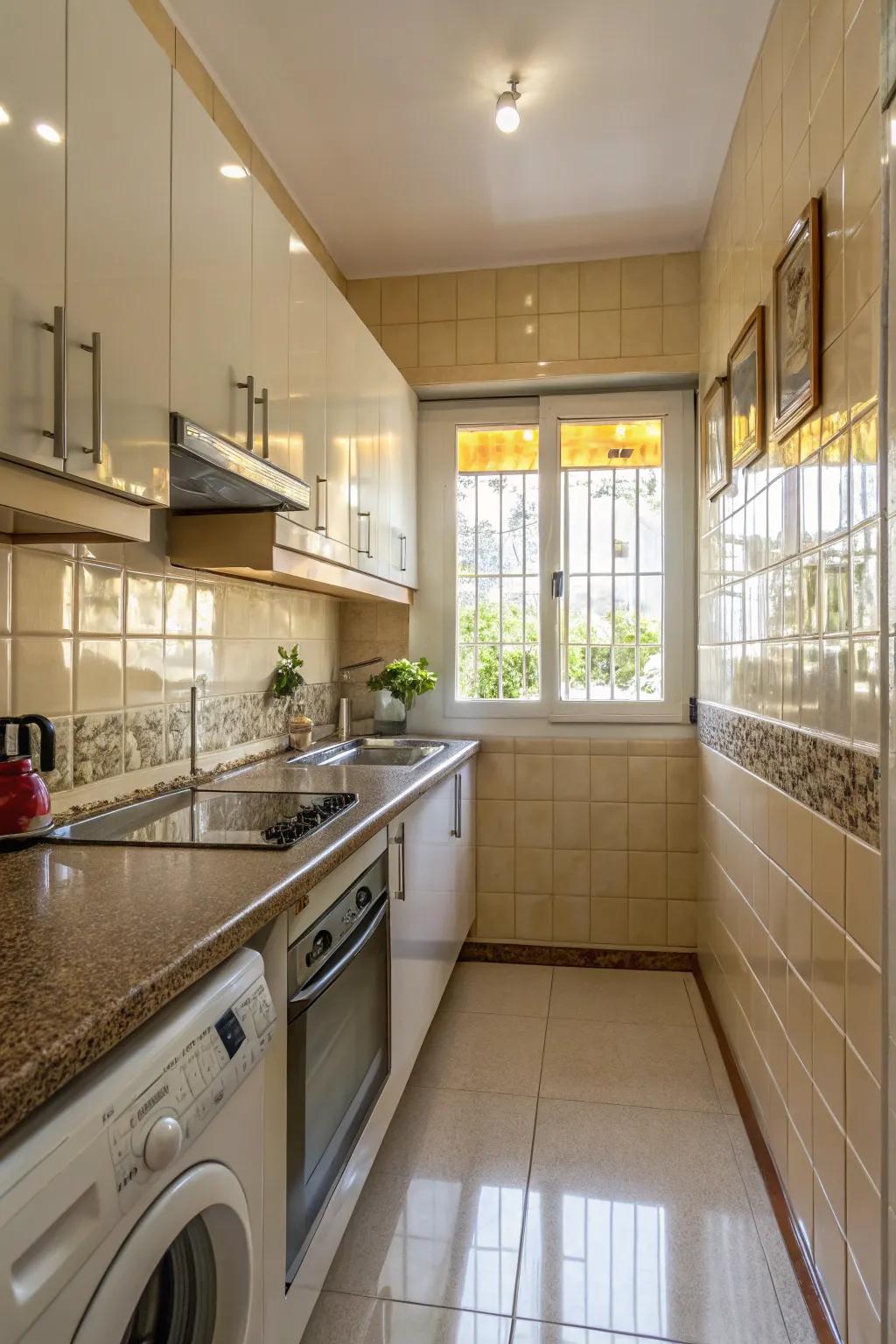 Shiny surfaces assist your kitchen in feeling more spacious.