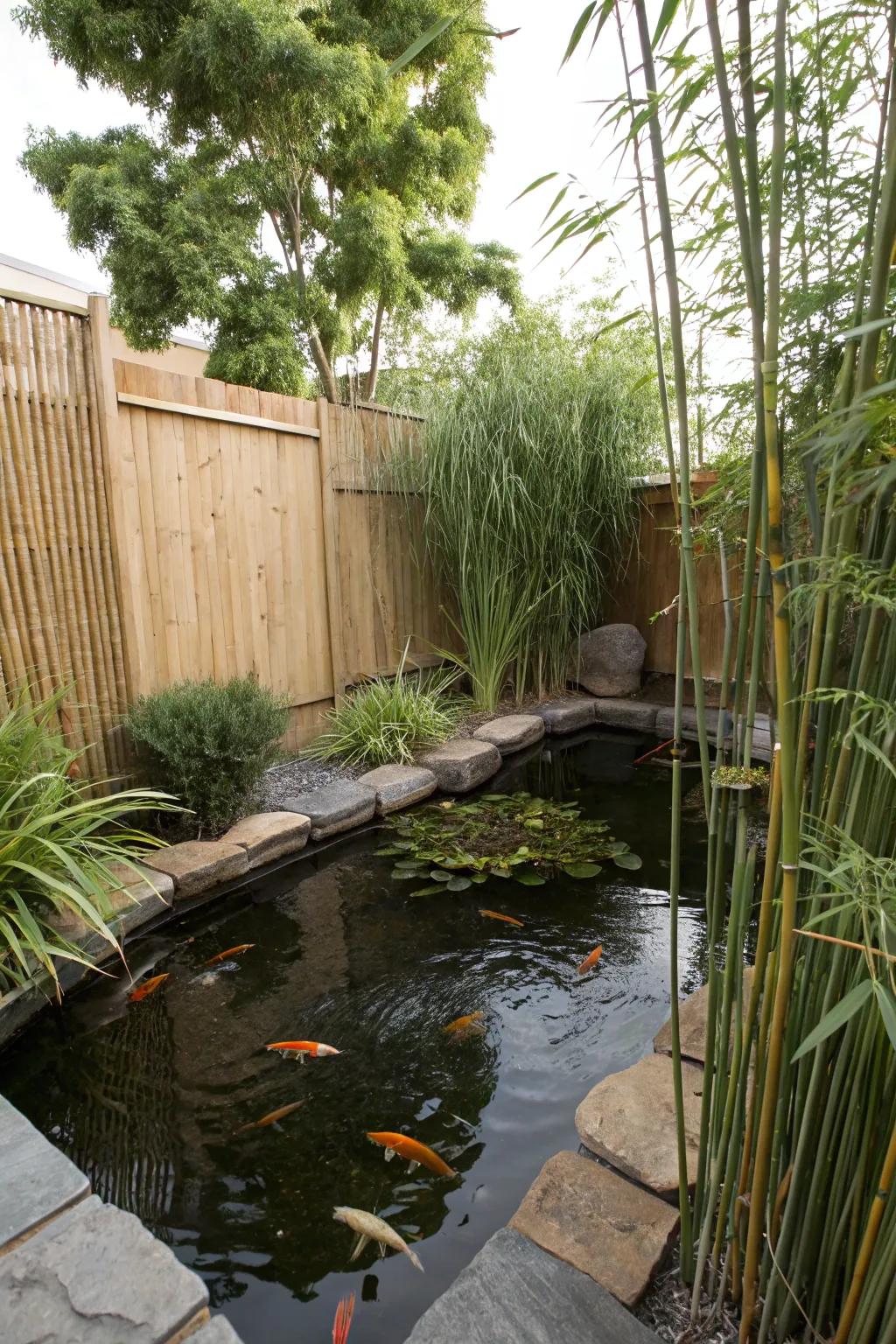 A secluded koi haven with privacy-enhancing plantings.