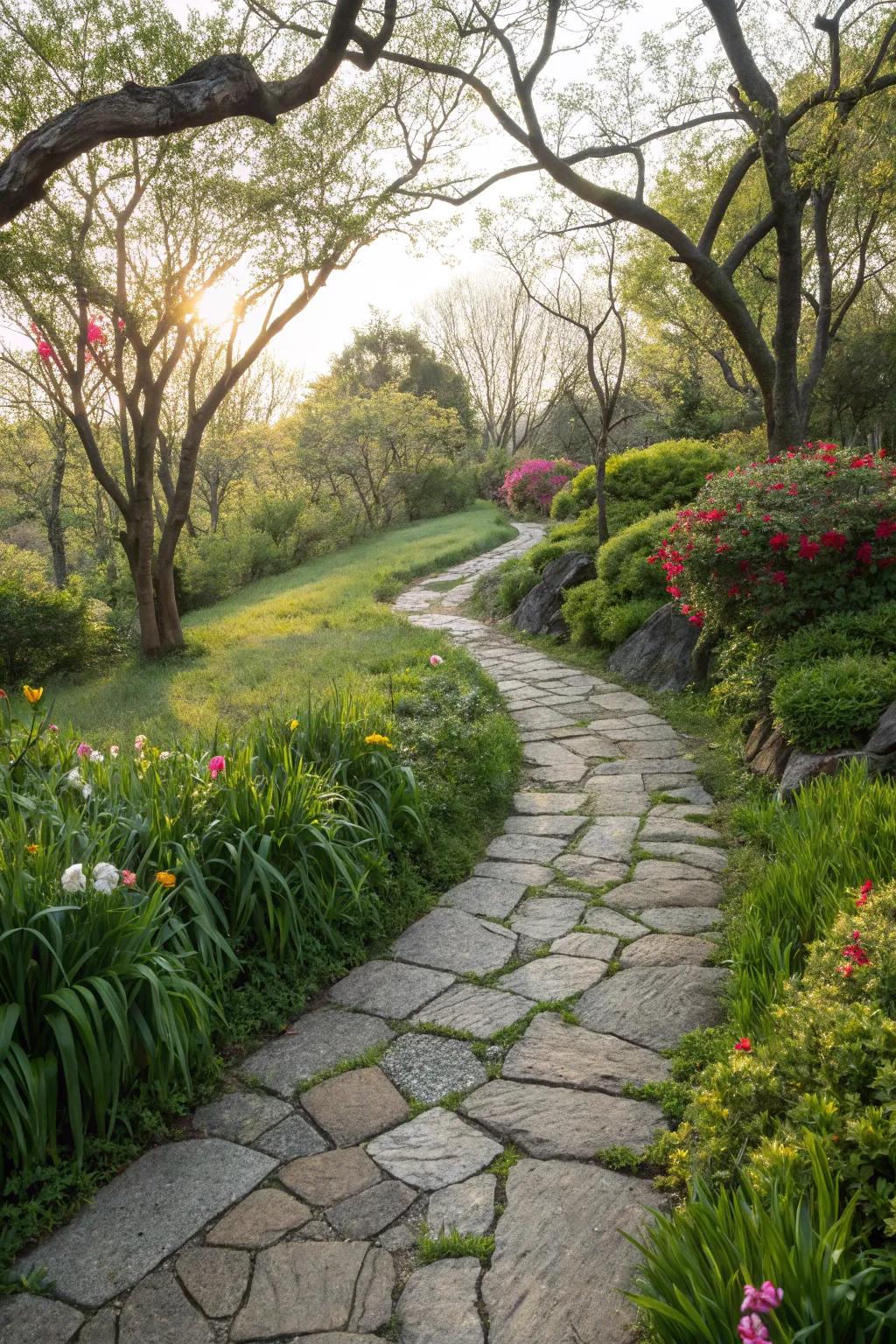 Stone pathways add charm and guidance within compact garden environments.