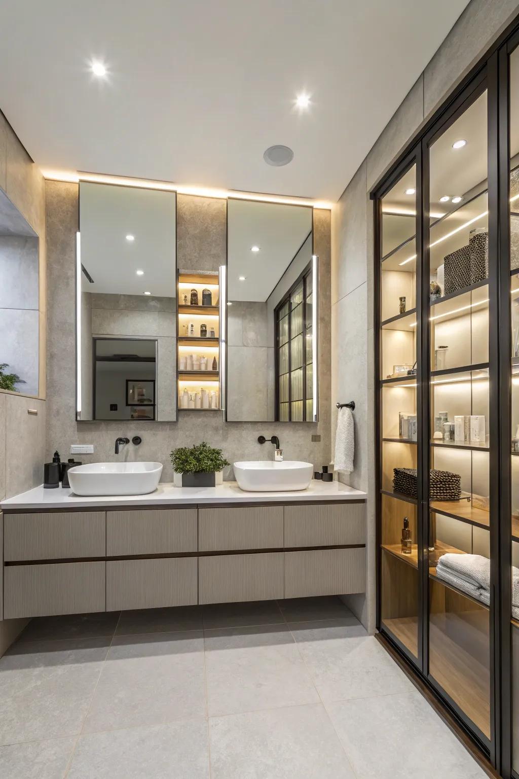 Smart storage maintains a tidy and luxurious bathroom.