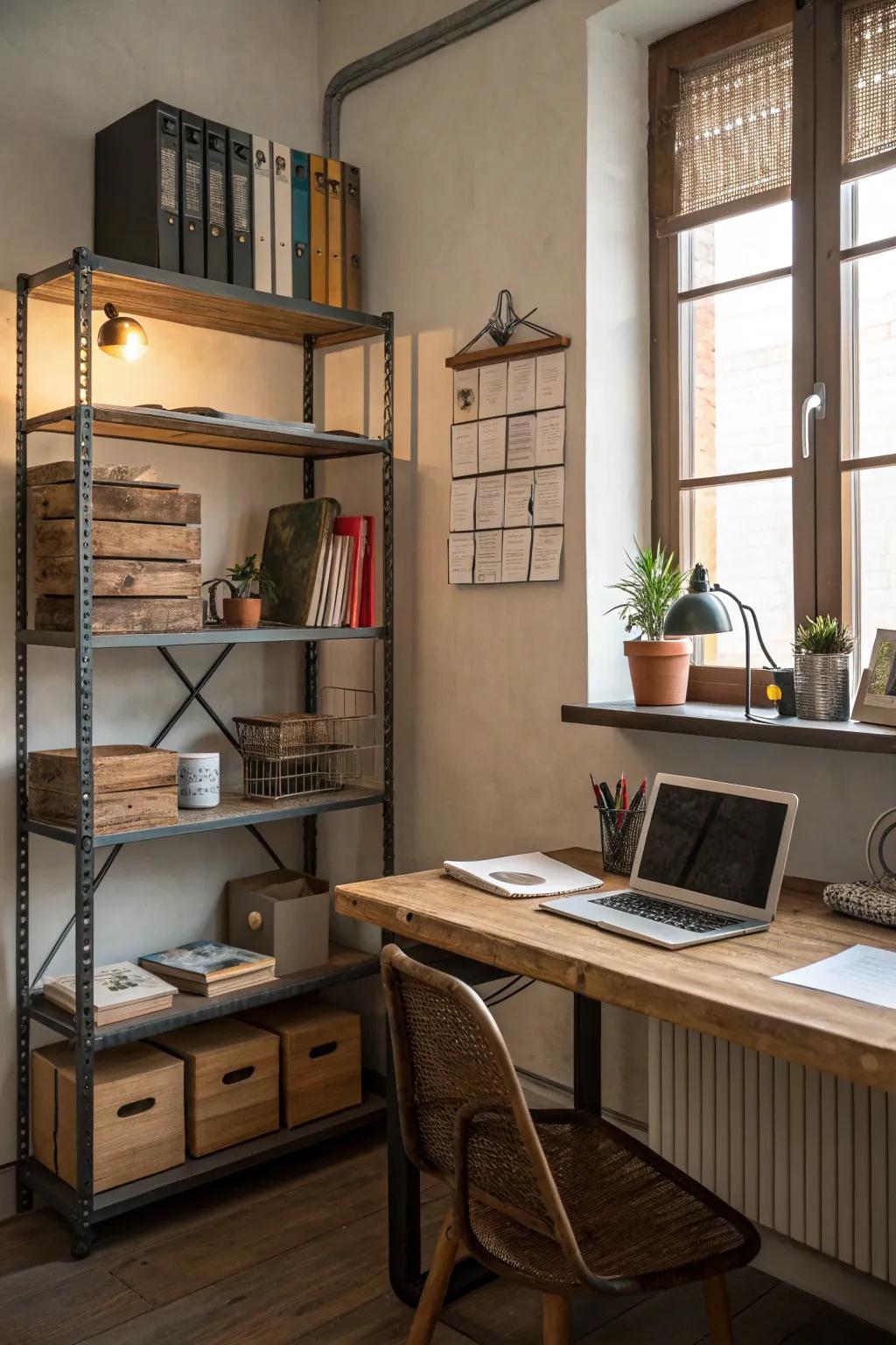 Mixed textures introduce depth and character to a small office.