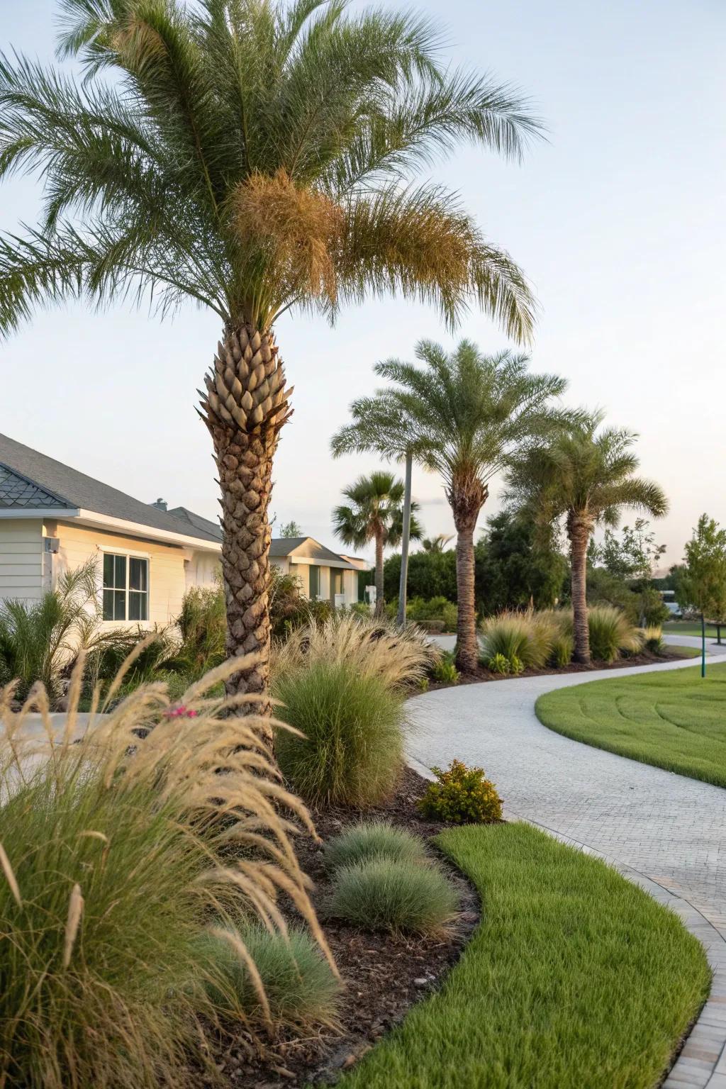Decorative grasses enhance palm trees with texture and graceful motion.