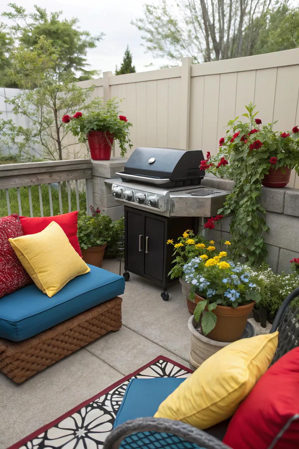 Colorful touches make patios more inviting.
