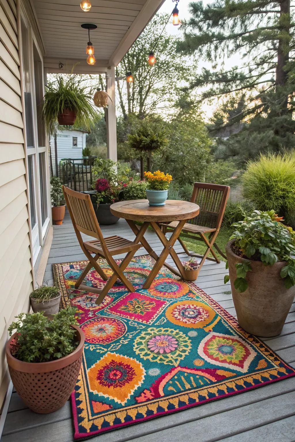 A colorful rug brings together the elements of a small patio.