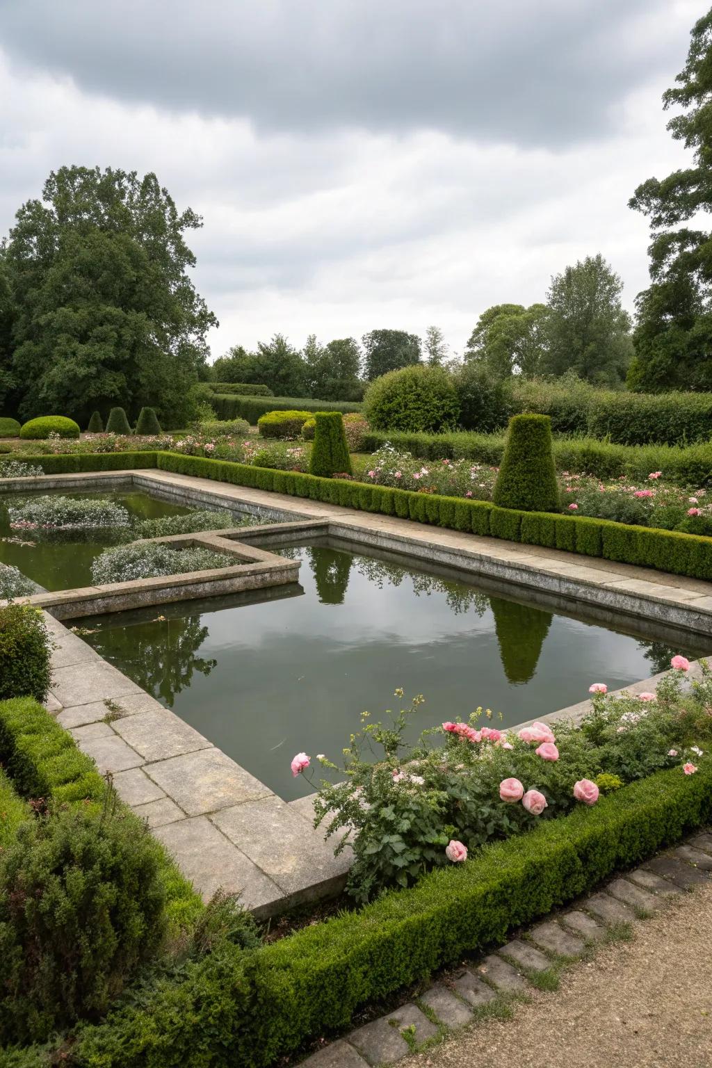 Geometric shapes introduce a contemporary touch to small pond layouts.