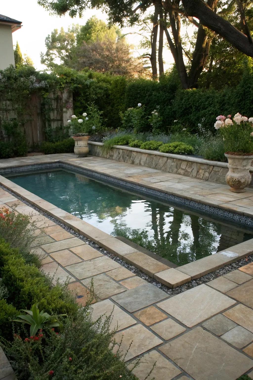 Elegant rock and ceramic give this small pool a luxurious sense.