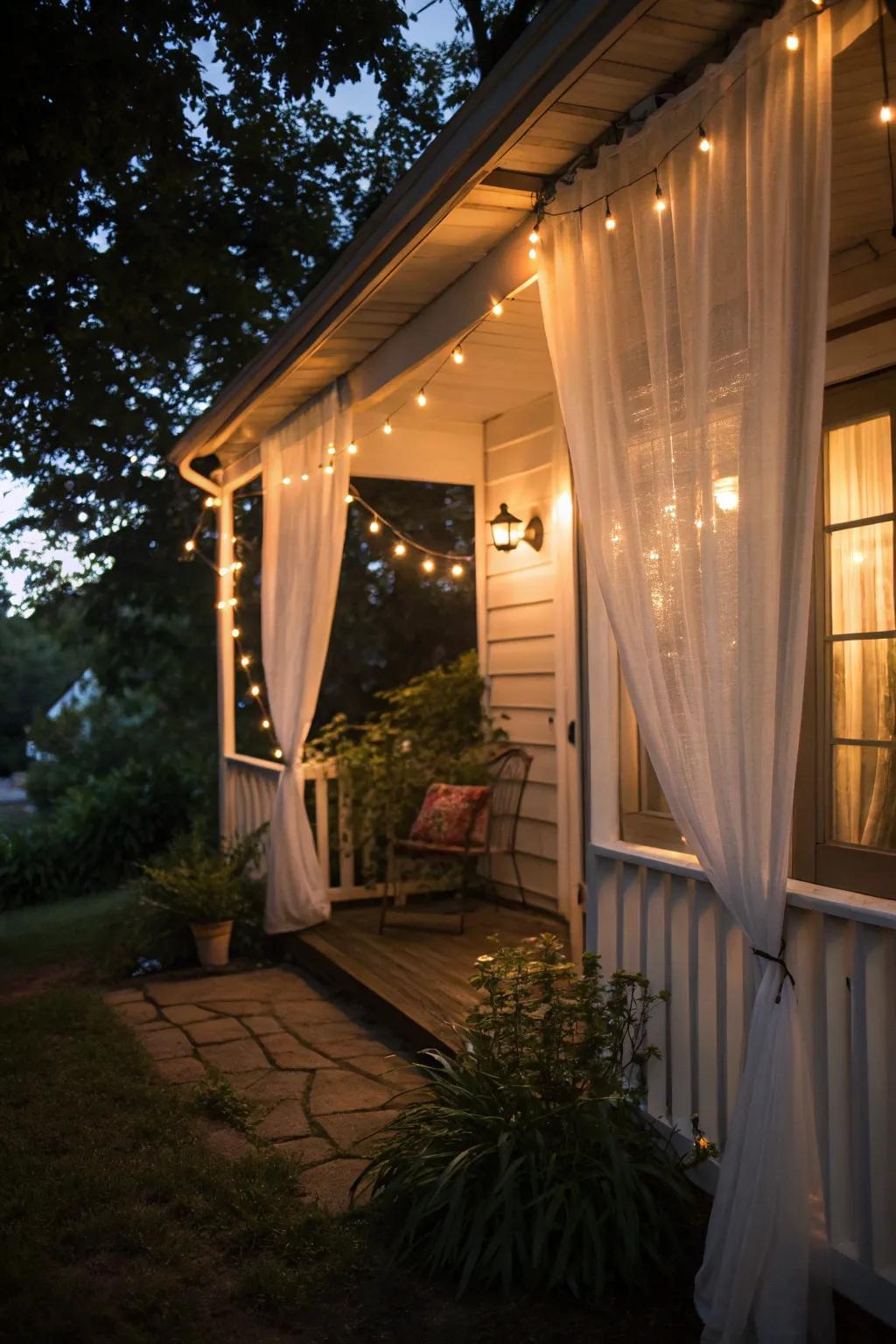 Twinkle lights paired with light fabrics create a magical evening retreat.