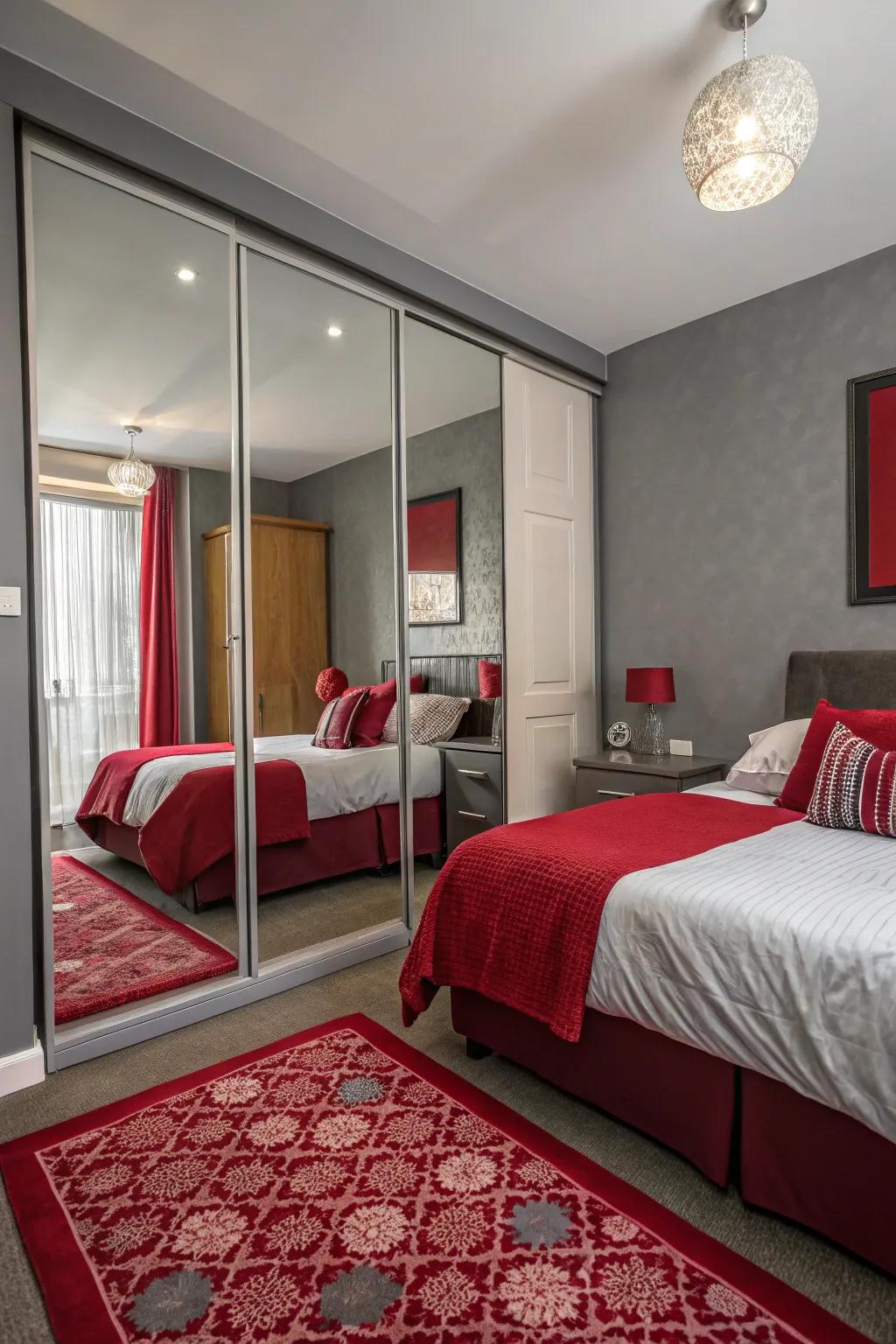 Reflectors in an intimate bedroom generate breadth and enhance the crimson and ash-grey color scheme.