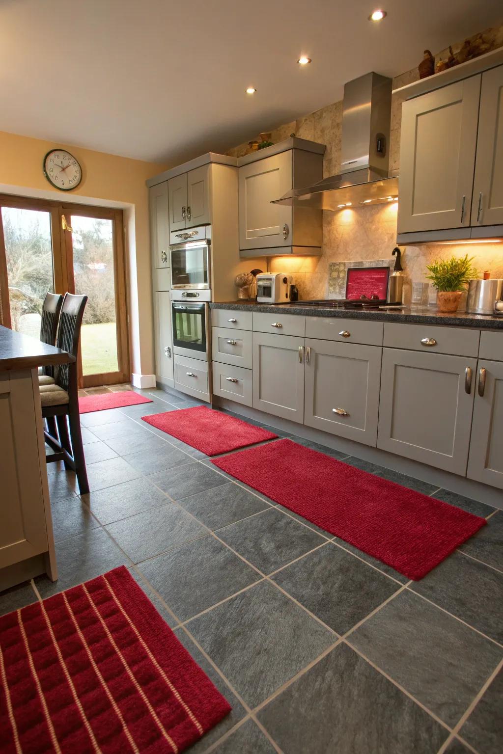 Grey flooring is complemented by red accents for a cohesive look.