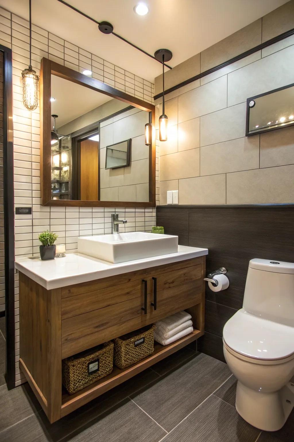 Suspended vanities create an open ambiance.
