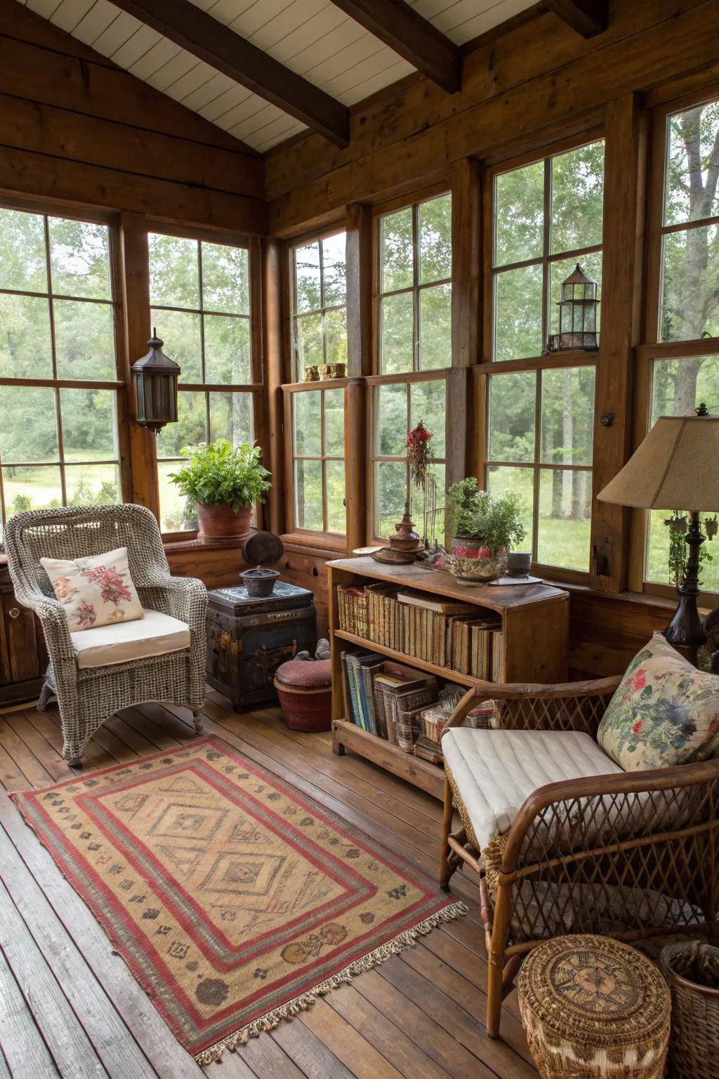 Heritage decorative pieces add special character to this country-style sunroom.