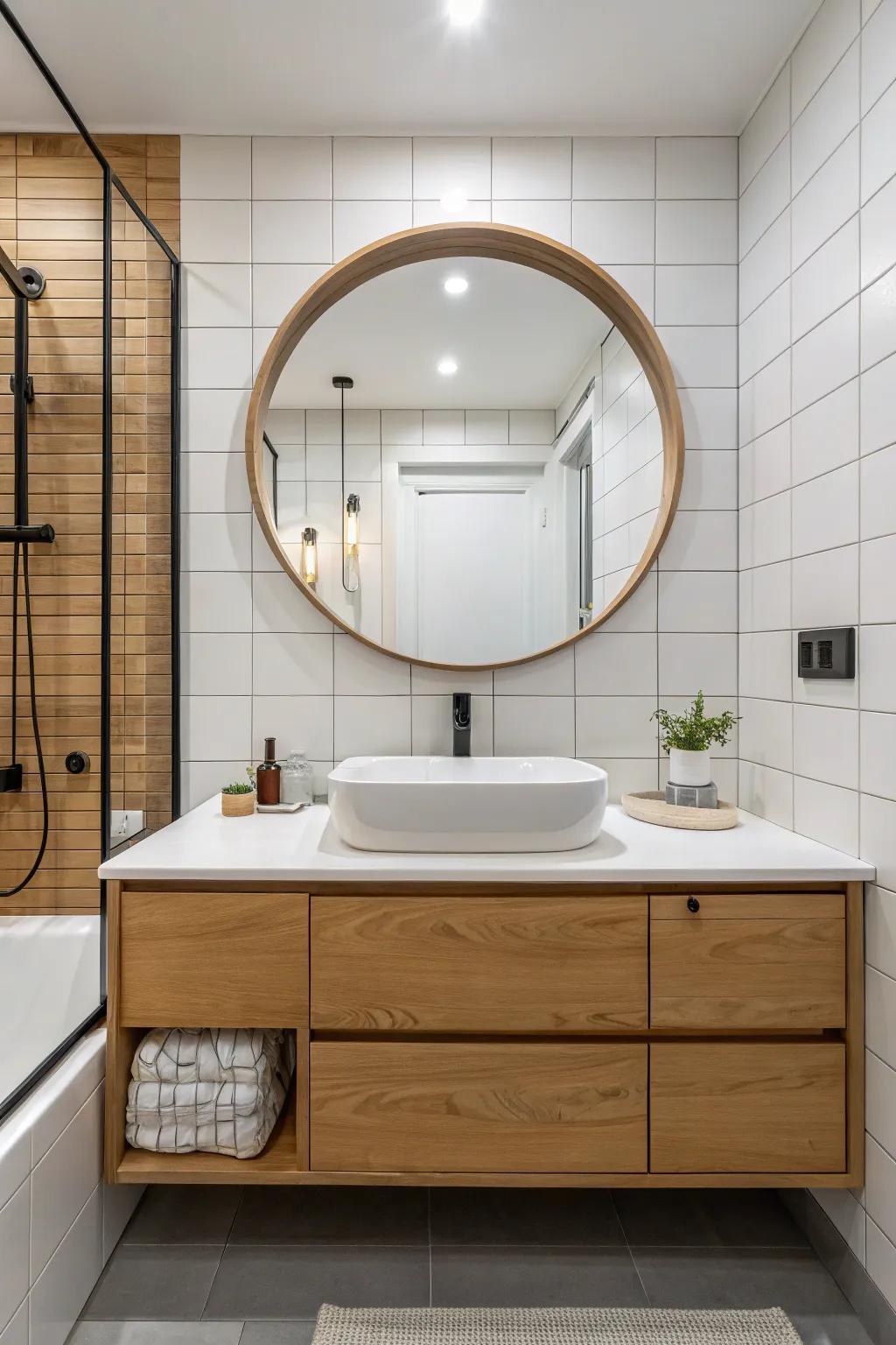 A framed mirror adds sophistication and enhances the sense of space.
