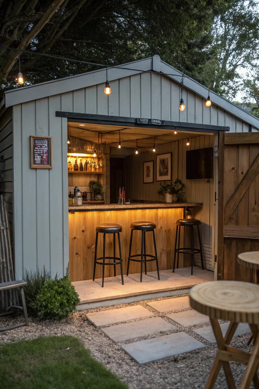 A fashionable outdoor bar area inside a small shed.