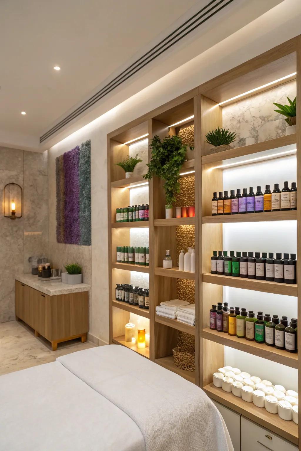 Tall storage with shelves in a spa space