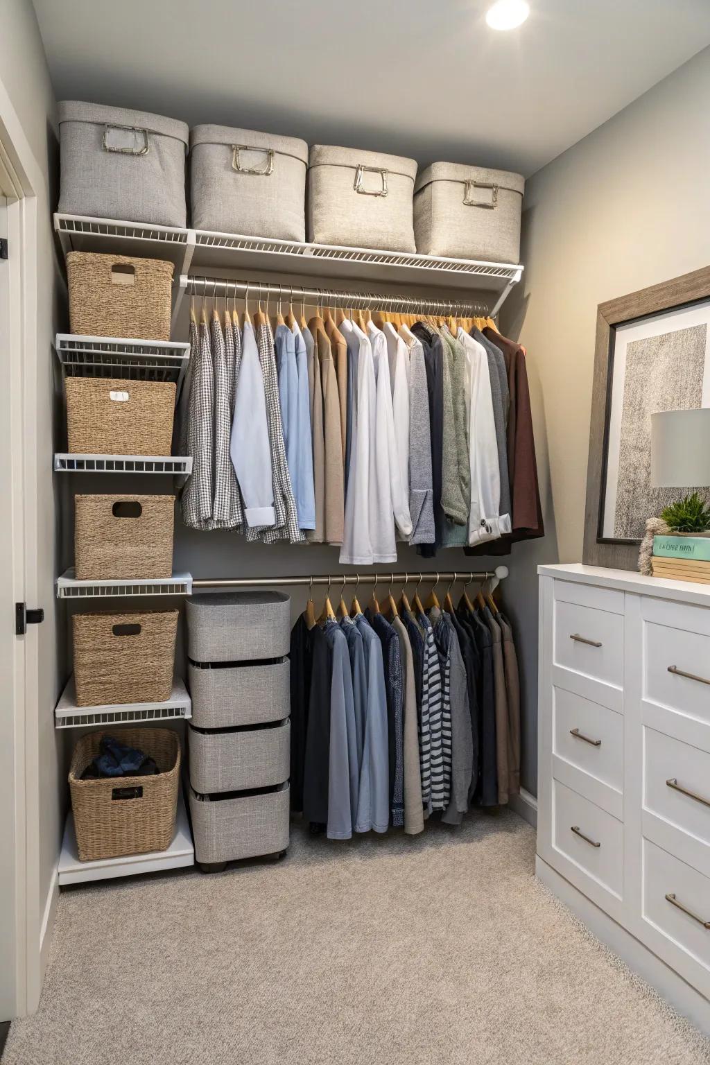 An organized closet with double hanging rods maximizes storage.