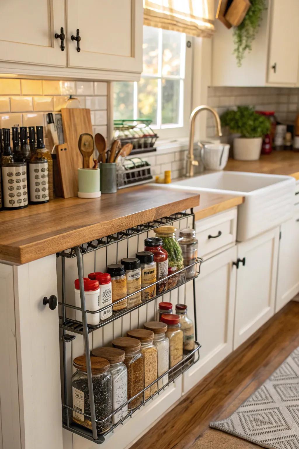 Under-cabinet racks simplify kitchen storage.