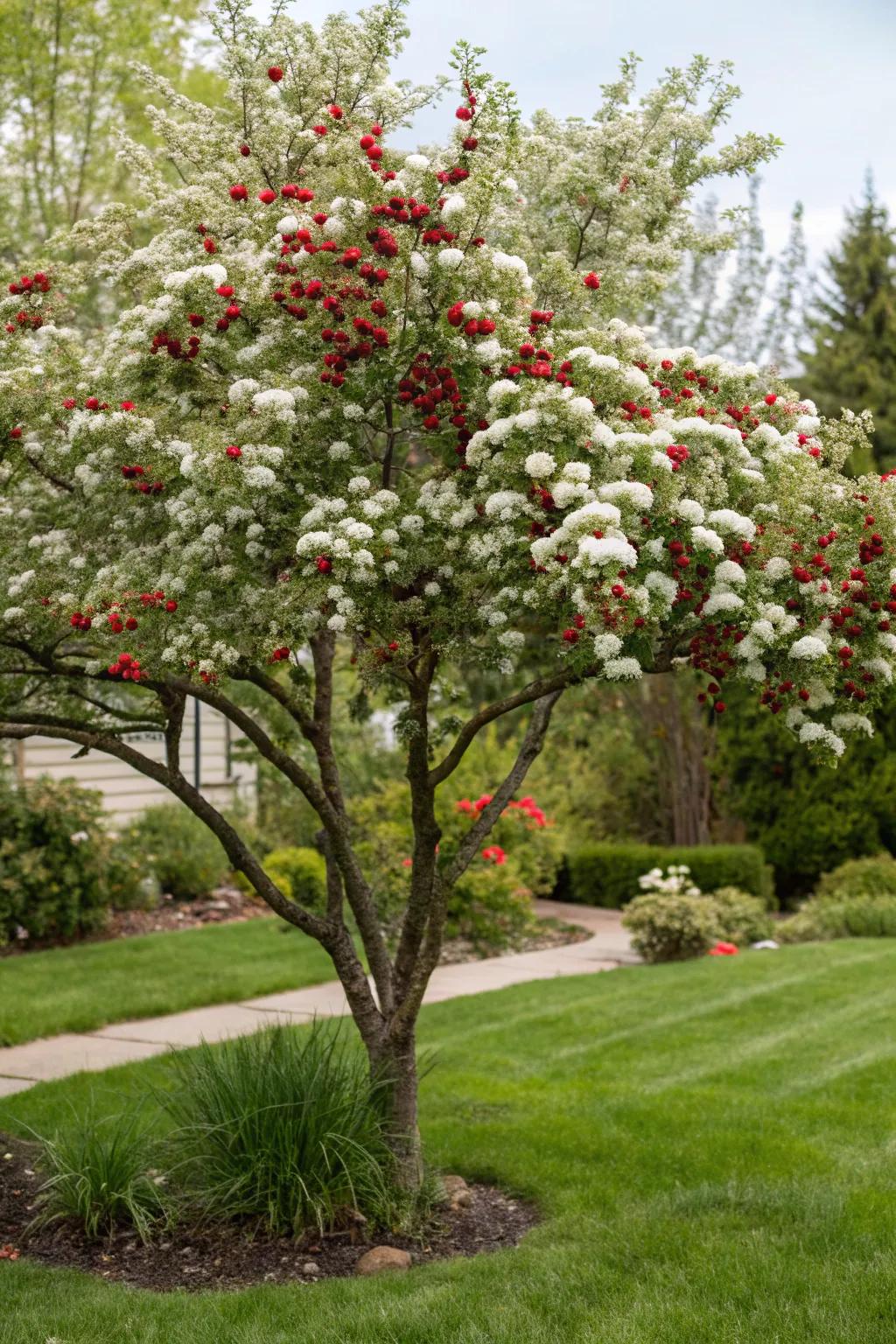 Icebird thorn adding seasonal beauty to a front yard.