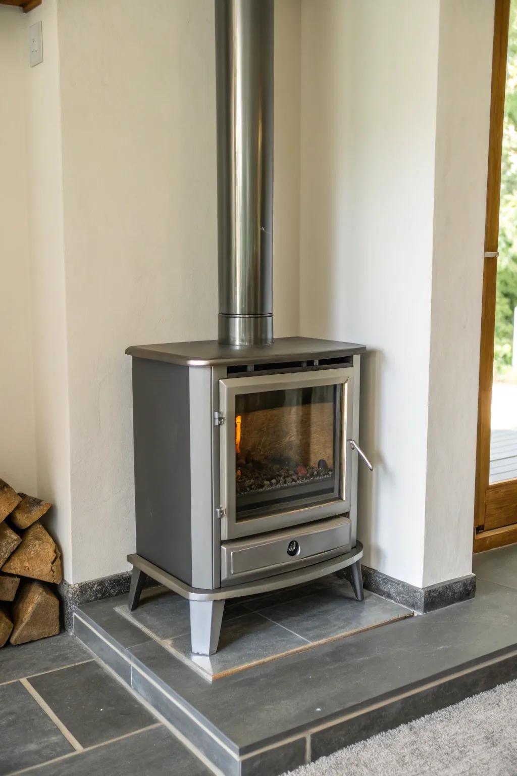 A sleek metal surround makes a modern statement with this wood heater.