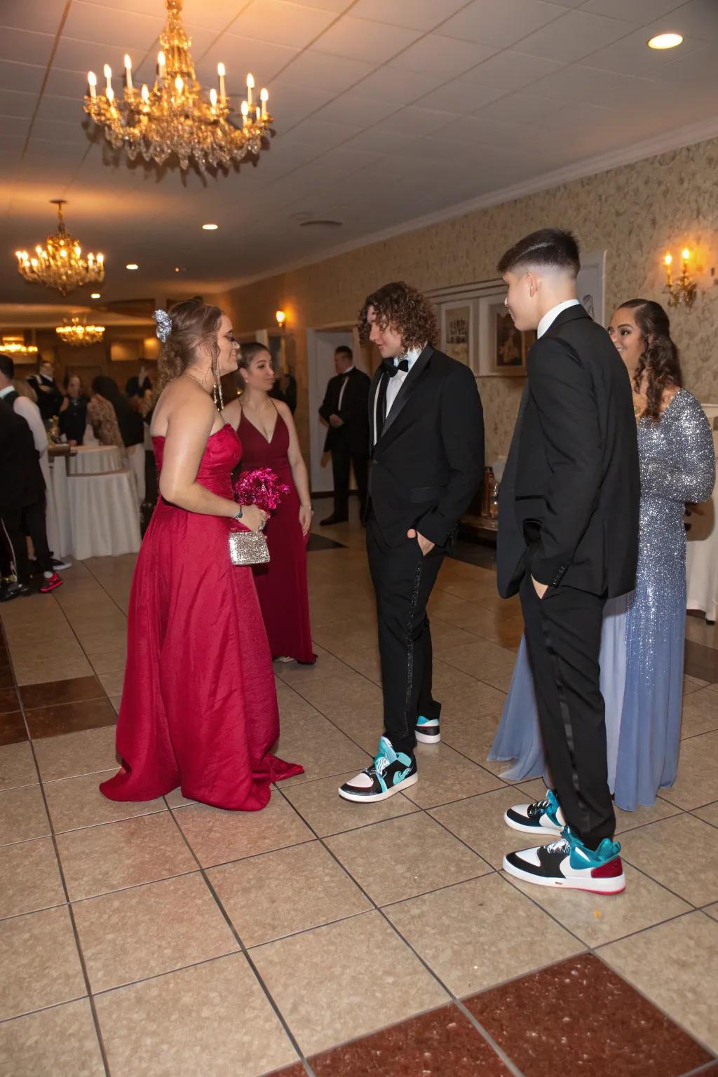 Guests showing off a mix of formal clothing and stylish sneakers.