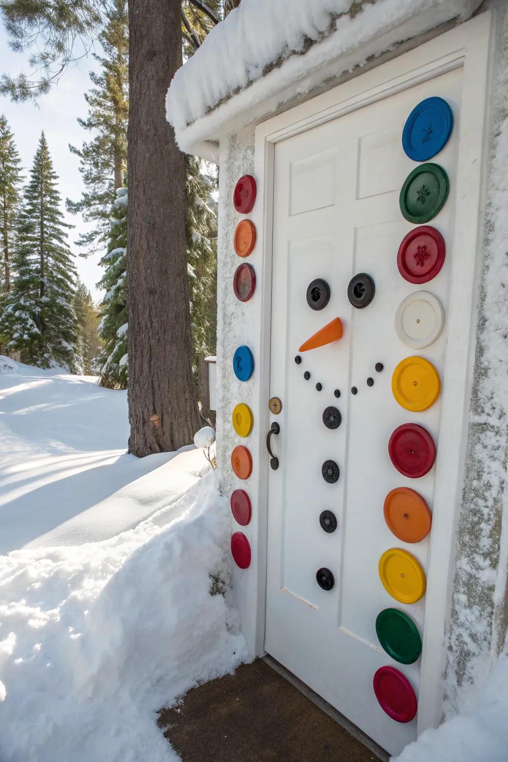 Giant buttons add a playful and whimsical touch to your snowman door.