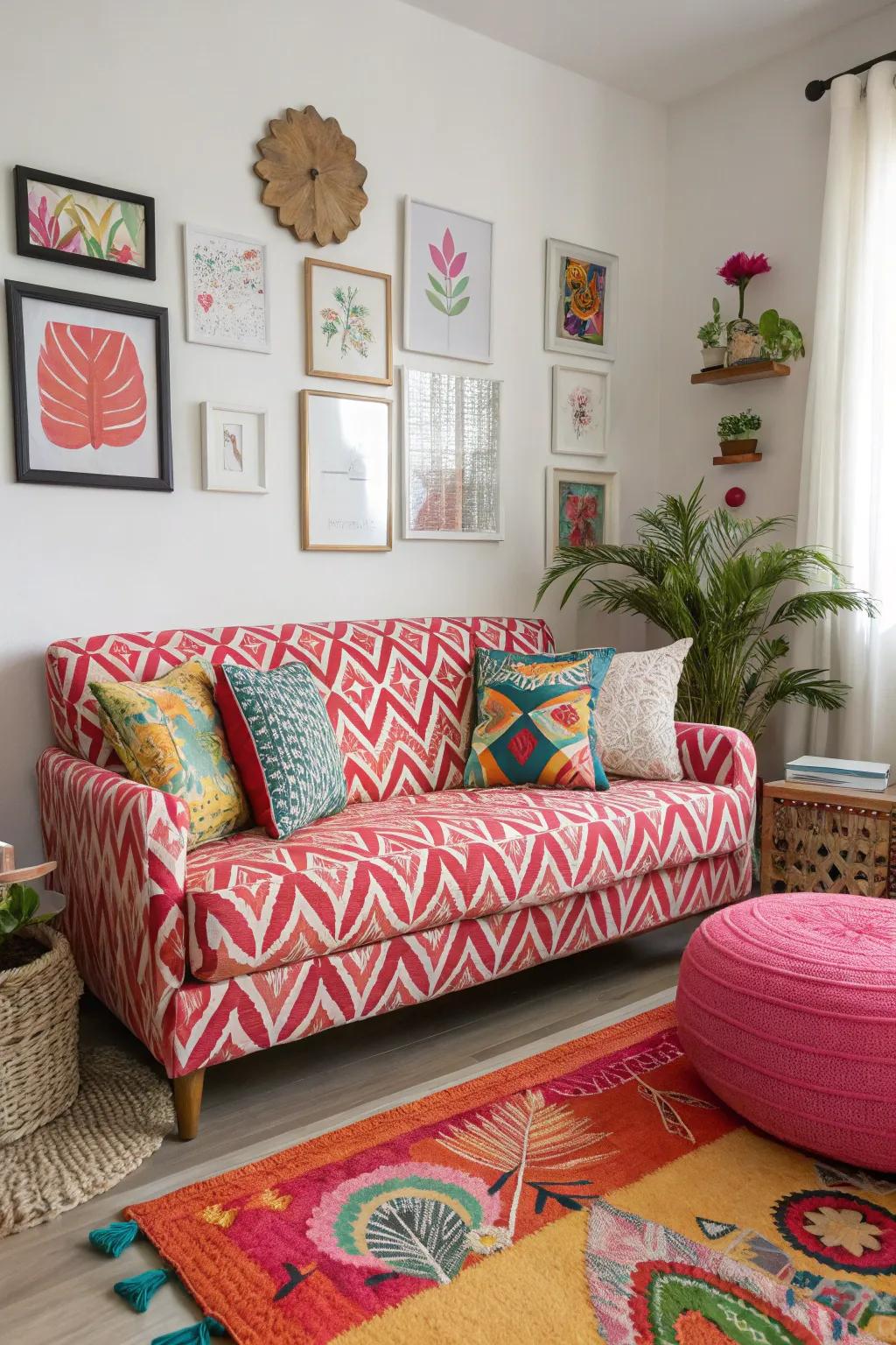 A bold-patterned sofa adds personality to a compact living area.
