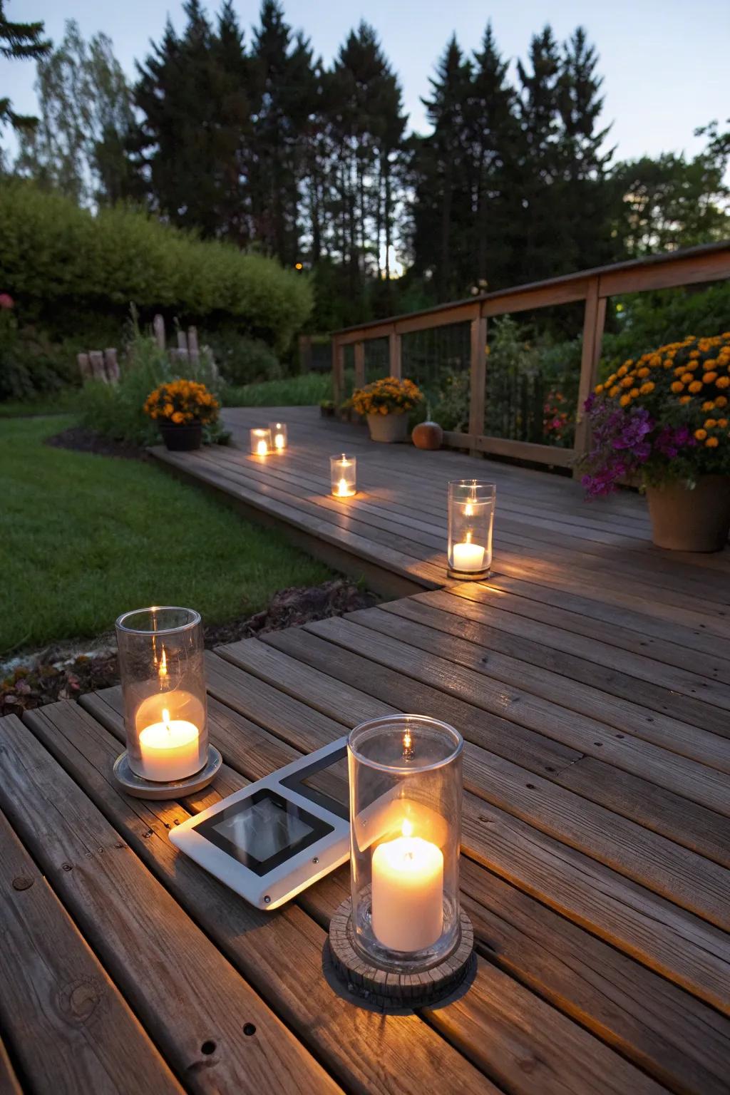 Solar-powered candles create a romantic deck ambiance.