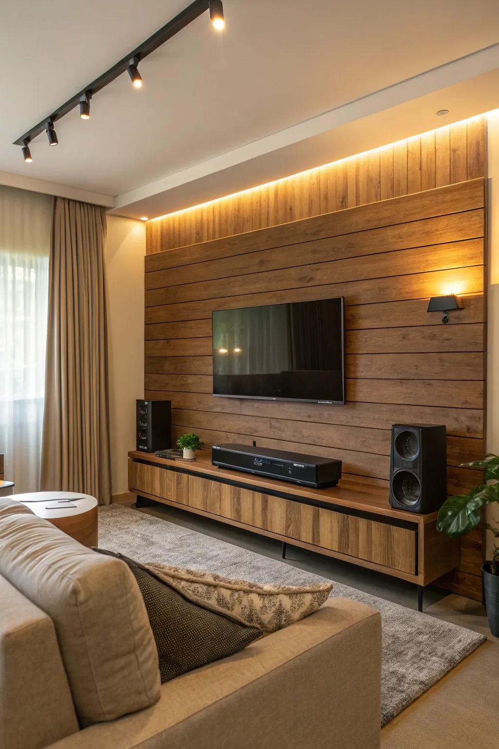Audio bar cleverly added into a wooden interior design.