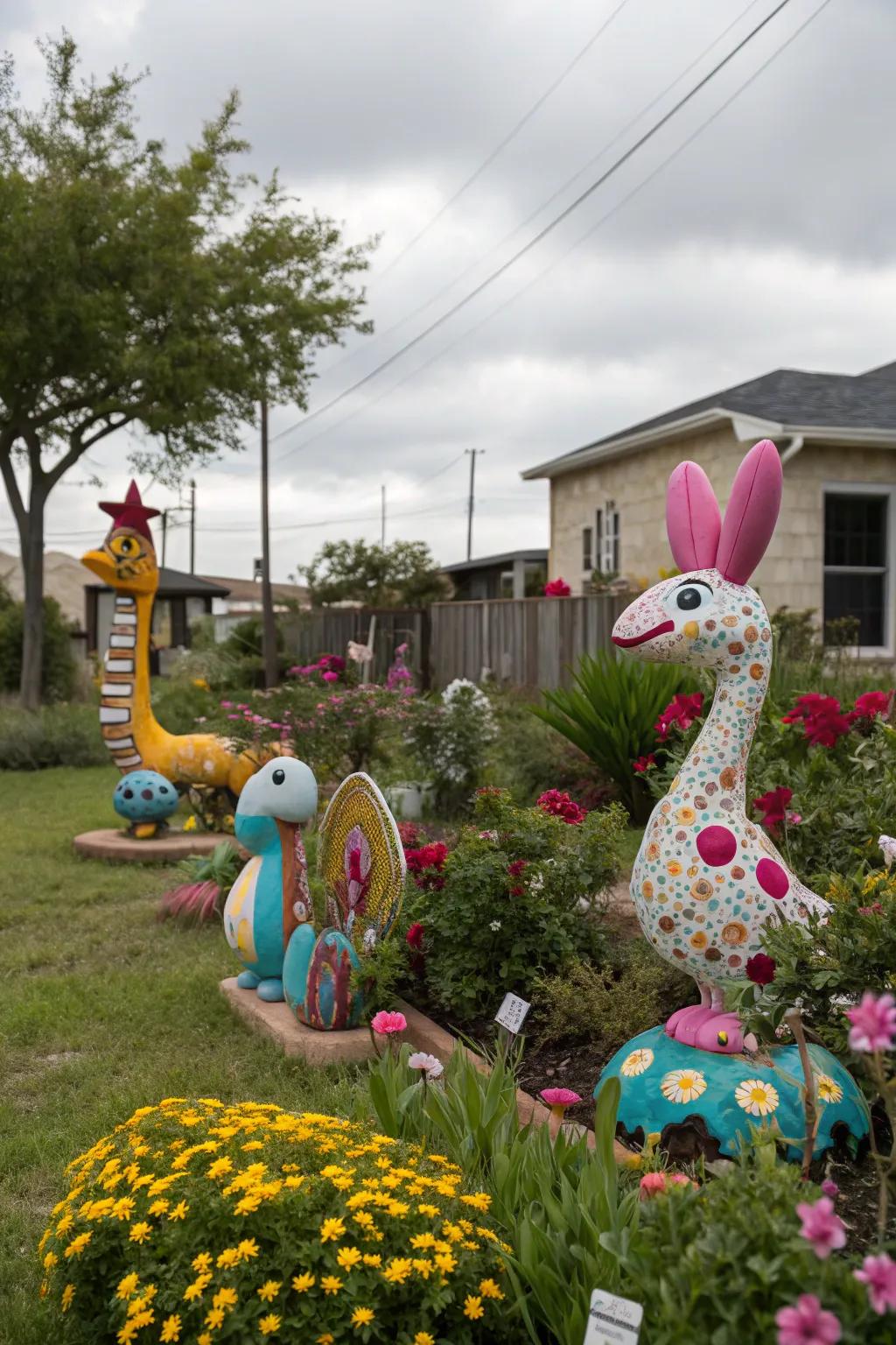Whimsical garden figures bringing a personalized touch to a yard.