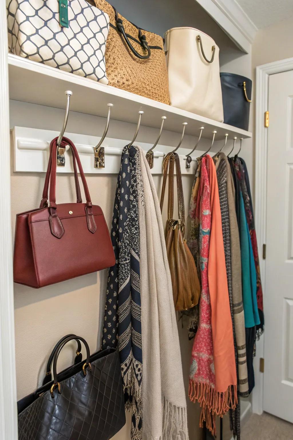 Hooks effectively utilize wall space for organizing accessories like bags and scarves.