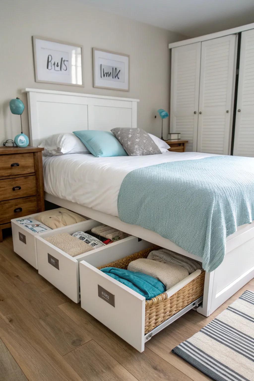 Utilize the area under your bed for organized storage.