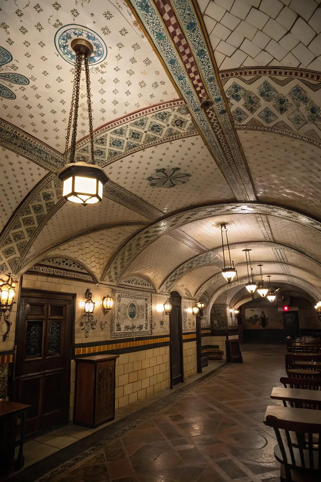 Intricate tiled ceilings incorporate vintage sophistication into your speakeasy.