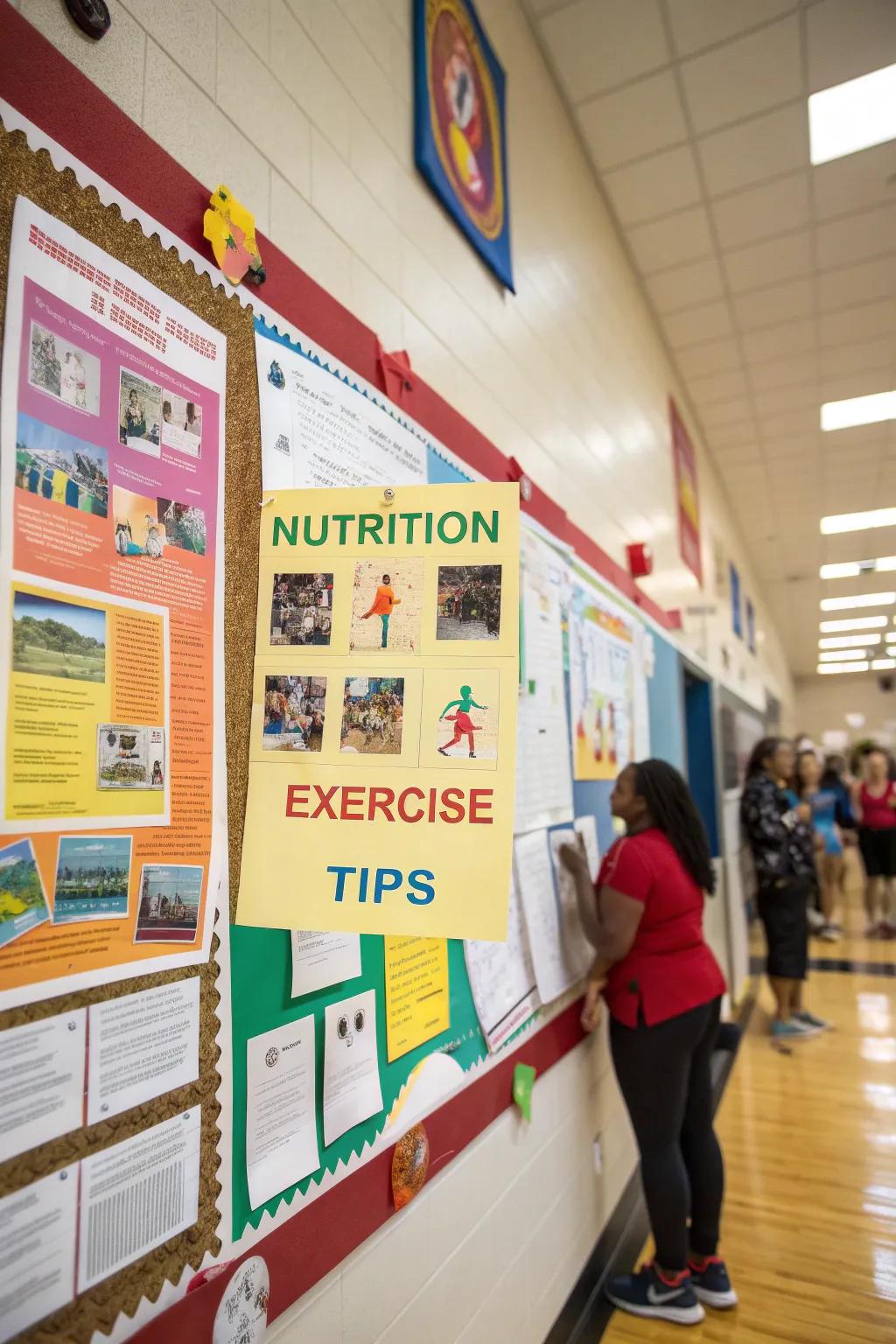 A health-focused bulletin board presenting vibrant nutrition and exercise tips.