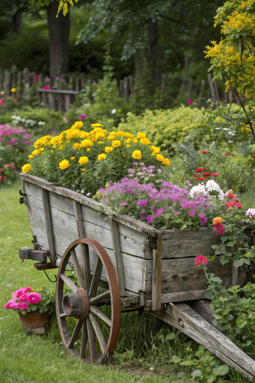 A vintage wagon transformed into a charming planter.