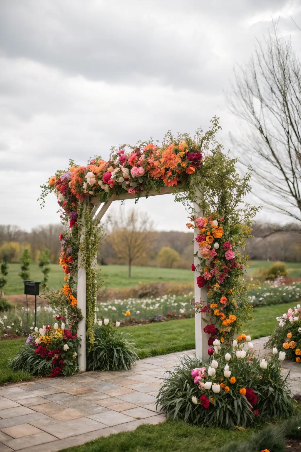 A square arch exquisitely adorned with seasonal spring flowers.