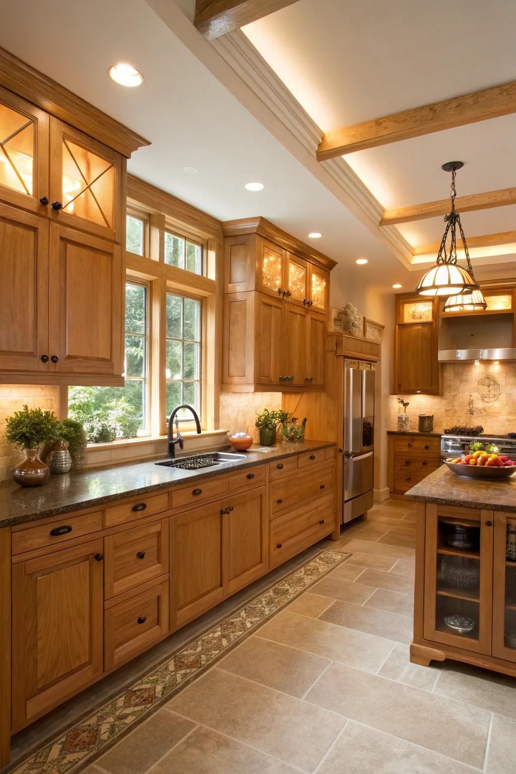 Natural wood tones complement the expansive height of the kitchen.