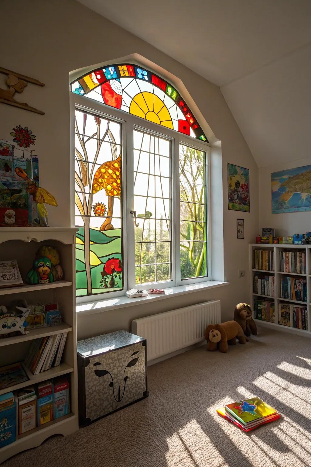 Stained glass designs impart playful appeal to children's quarters.