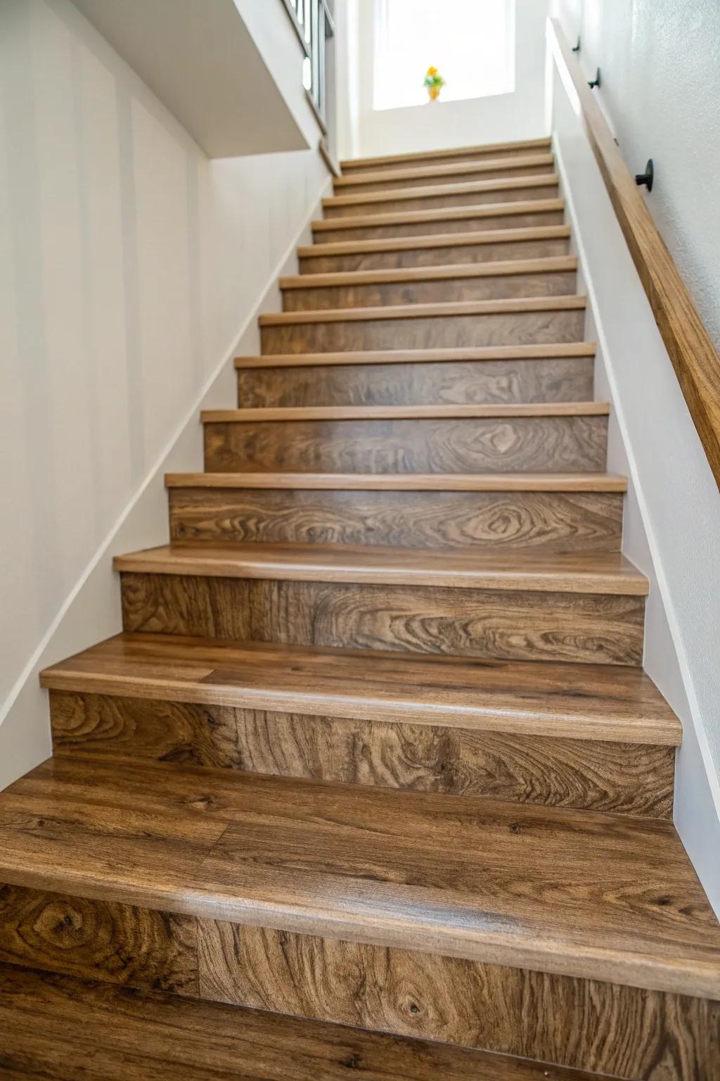 Poly stair protectors provide durability and mimic the appearance of wood.